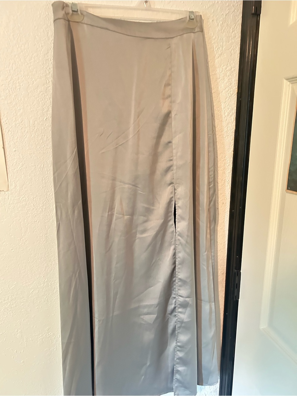 Sincerely Jules Silver-Gray Satin Maxi Skirt with Side Slit